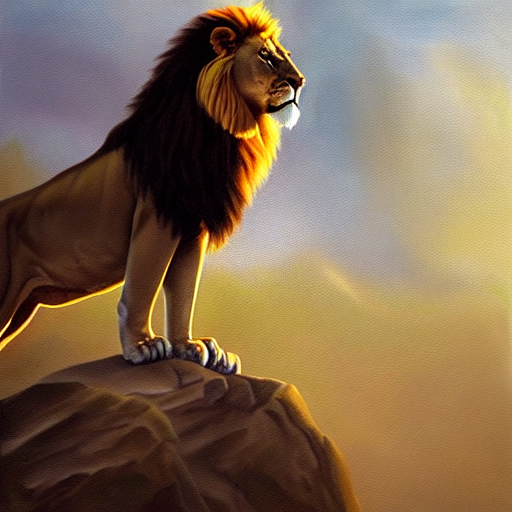 AI generated image of a majestic lion on a cliff at sunrise